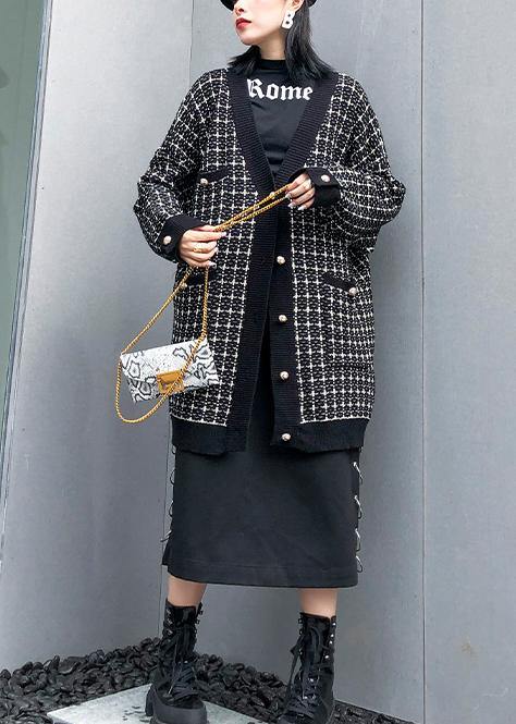Vintage plaid black knitwear casual v neck cardigans - SooLinen