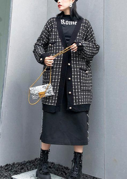 Vintage plaid black knitwear casual v neck cardigans - SooLinen
