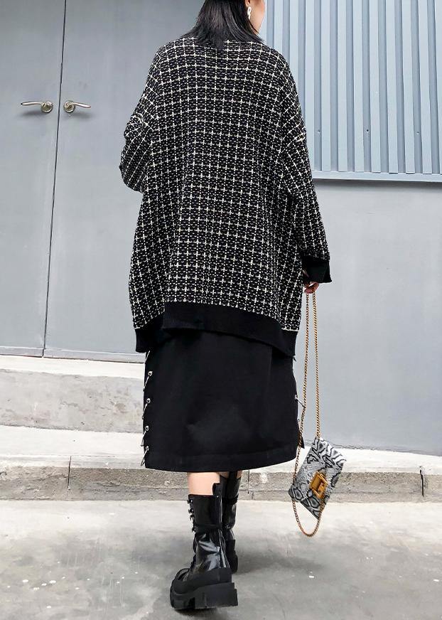 Vintage plaid black knitwear casual v neck cardigans - SooLinen