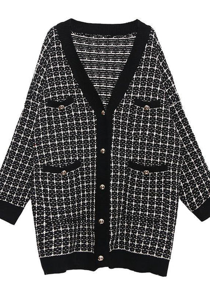 Vintage plaid black knitwear casual v neck cardigans - SooLinen