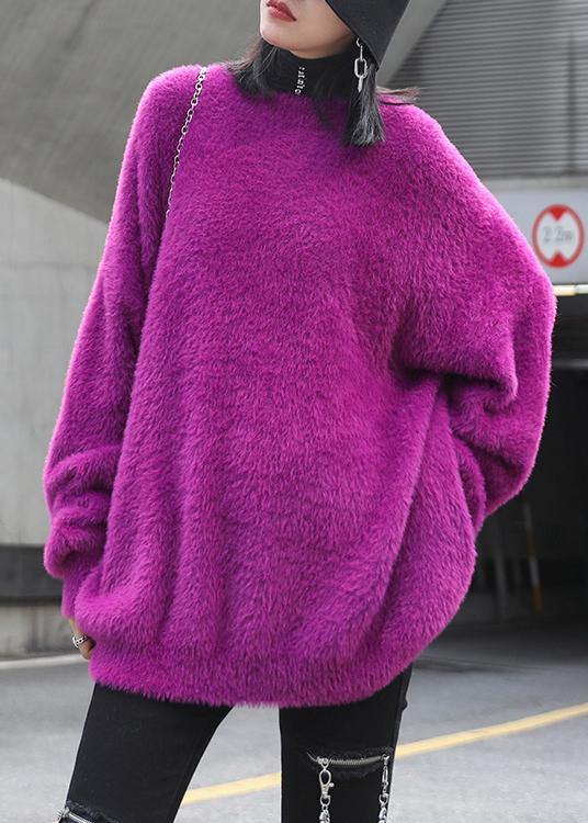 Vintage purple knitted t shirt o neck baggy casual knit tops - SooLinen