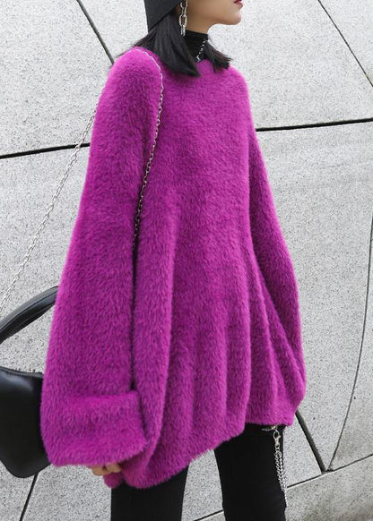 Vintage purple knitted t shirt o neck baggy casual knit tops - SooLinen