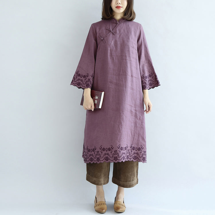 Vintage lila Frühlingskleider langes Leinenkleid Plus Size Leinen Kaftankleid