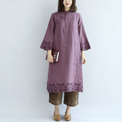 Vintage lila Frühlingskleider langes Leinenkleid Plus Size Leinen Kaftankleid