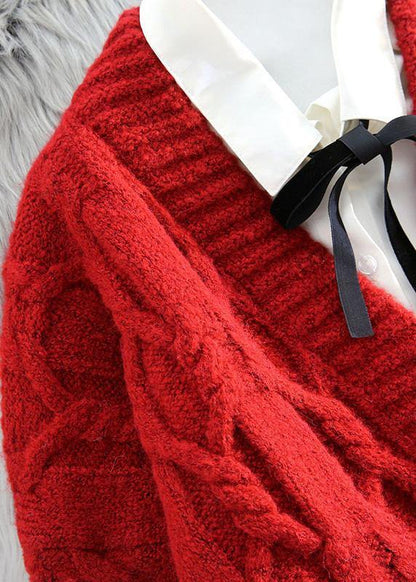 Vintage red knitted outwear casual spring v neck Button knit outwear - SooLinen
