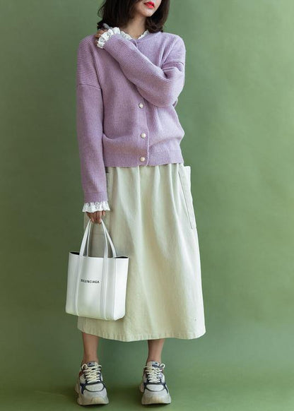 Vintage ruffles collar knitwear plus size pink long sleeve knitted cardigans - SooLinen