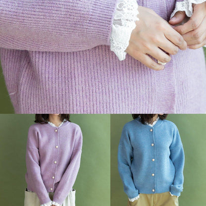 Vintage ruffles collar knitwear plus size pink long sleeve knitted cardigans - SooLinen