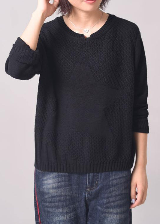 Vintage  solid color sweater plus size black patchwork sweaters o neck - SooLinen