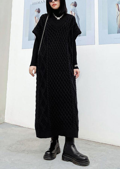 Vintage v neck sleeveless Sweater spring dress outfit Design black tunic knitted dress - SooLinen