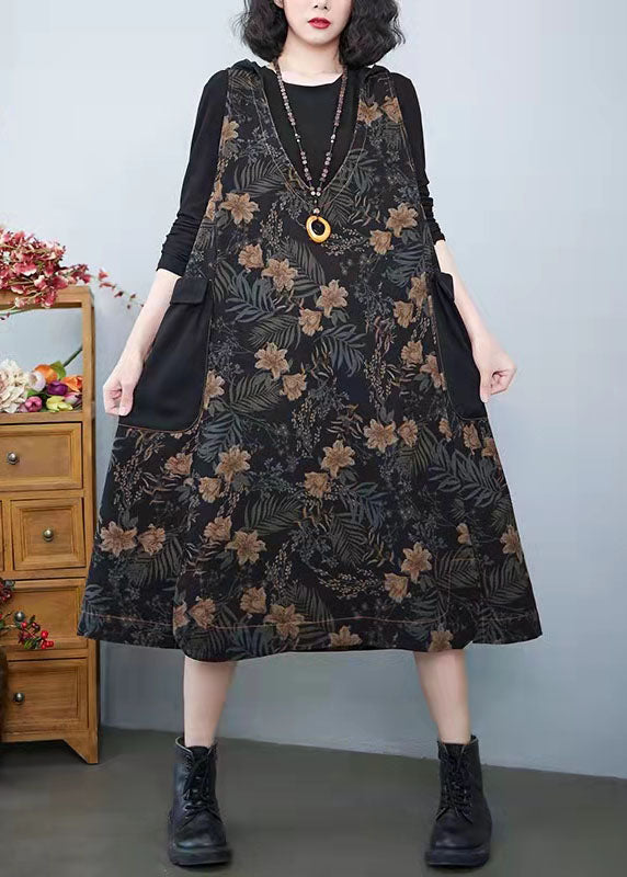 Vintage Denim Print Taschen Kleid Sommer Baumwollkleid