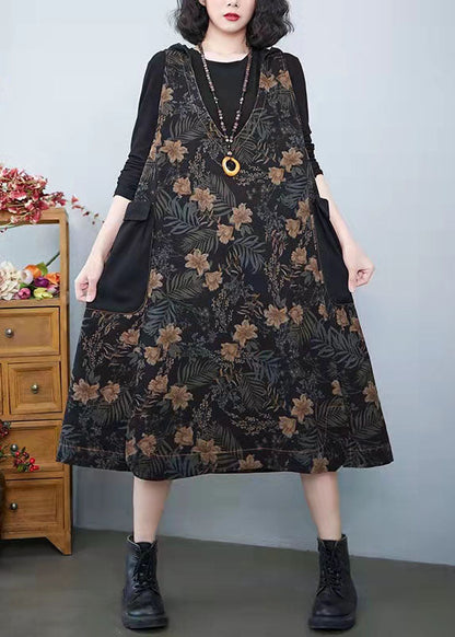 Vintage Denim Print Taschen Kleid Sommer Baumwollkleid