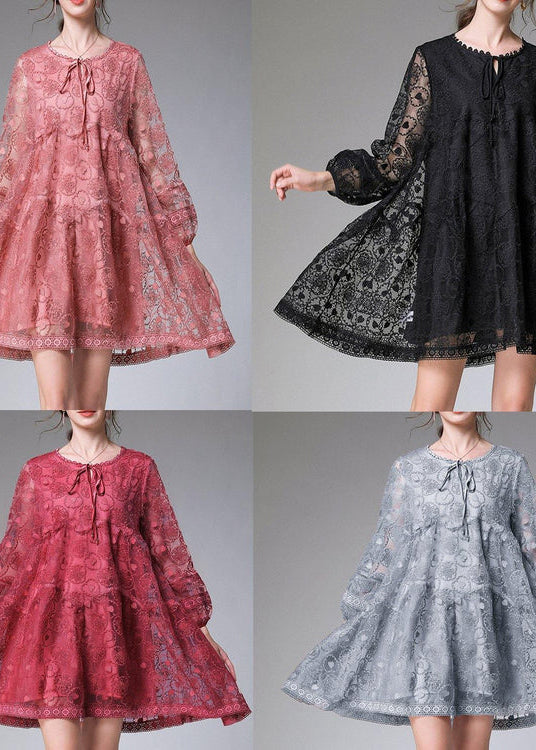 Vintage Grau Langarm Spitze Sommer Maxikleider