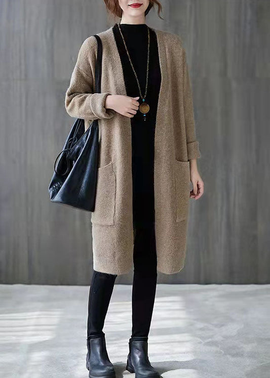 Vintage Khaki Plus Size Clothing Fall V-Neck Knit Outwear