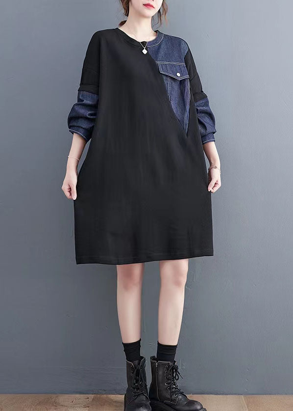 Vintage schwarz Patchwork Denim blau Pullover Kleider Zitate Taschen Baggy Pullover Kleider