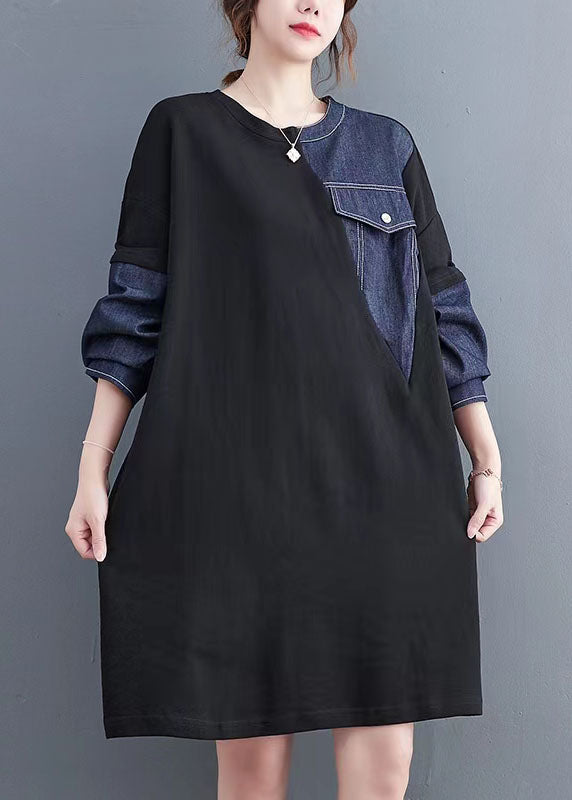 Vintage schwarz Patchwork Denim blau Pullover Kleider Zitate Taschen Baggy Pullover Kleider
