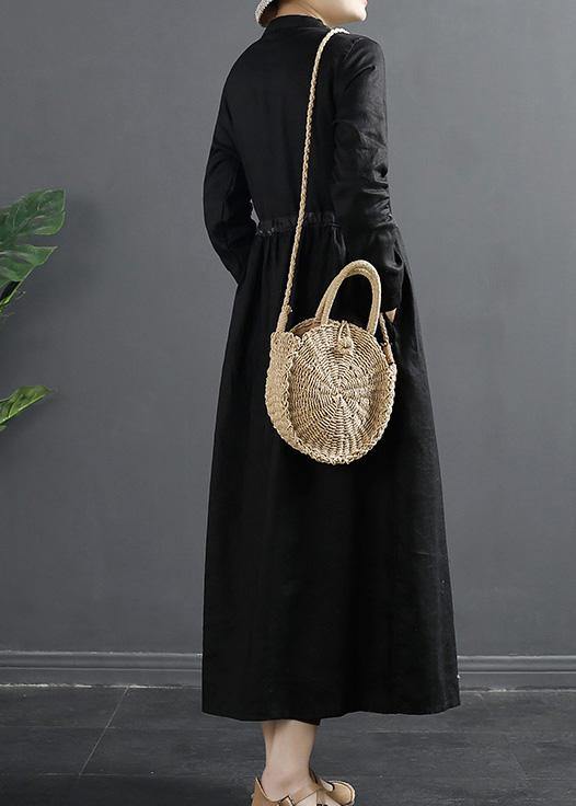 Vivid Black Clothes For Women Drawstring Kaftan Dress - SooLinen