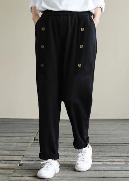 Vivid Black Jeans Trendy Plus Size Spring Elastic Waist Patchwork Work Pant - SooLinen