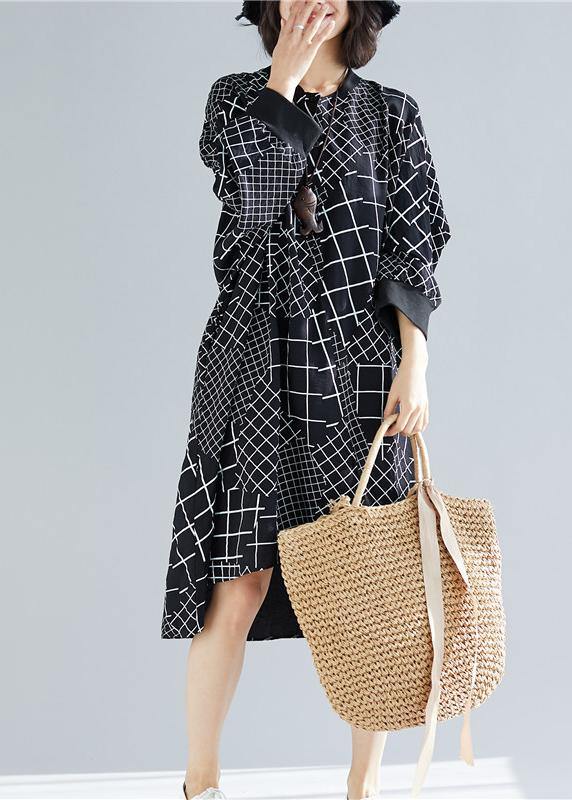 Vivid Black Plaid Quilting Dresses O Neck Asymmetric Robe Spring Dress - SooLinen