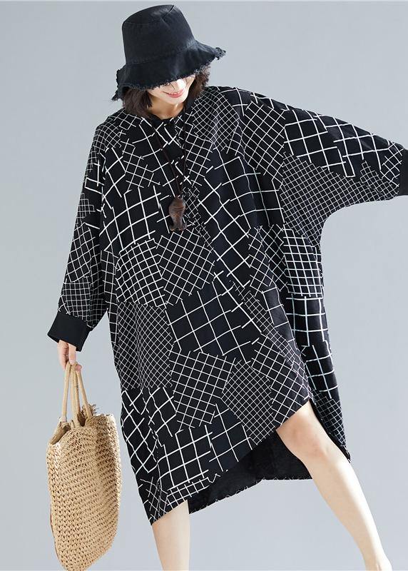 Vivid Black Plaid Quilting Dresses O Neck Asymmetric Robe Spring Dress - SooLinen