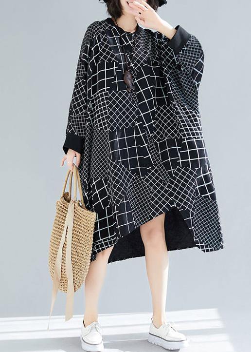 Vivid Black Plaid Quilting Dresses O Neck Asymmetric Robe Spring Dress - SooLinen