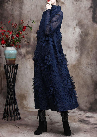Vivid Blue Feather 3D Spring Dress Long Caftan - SooLinen