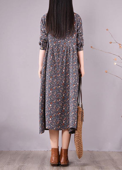 Vivid Blue Print Clothes Lapel Lace Robe Spring Dress - SooLinen