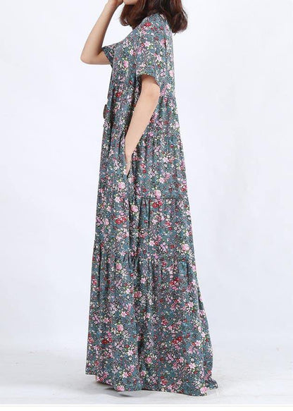 Vivid Blue Print Clothes O Neck Patchwork Maxi Summer Dress - SooLinen