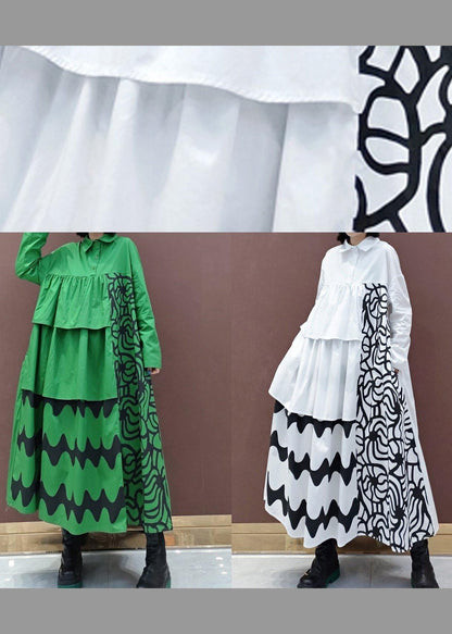 Vivid Lapel Asymmetric Spring Quilting Dresses Tunic Green Print Plus Size Dress - SooLinen
