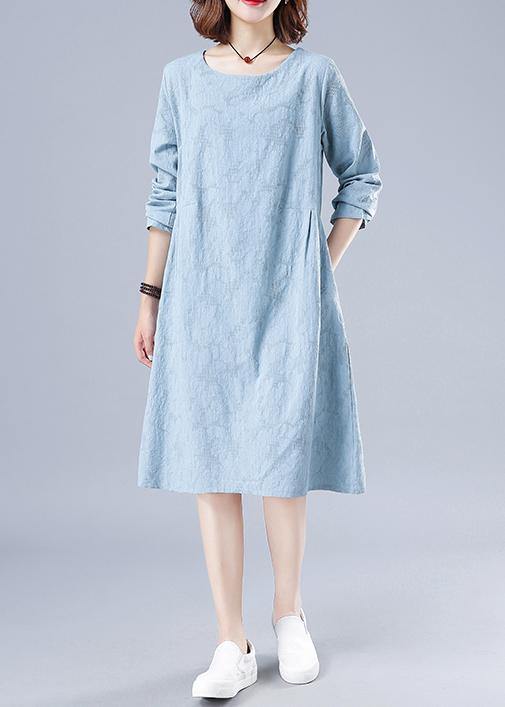 Vivid O Neck Spring Clothes For Women Wardrobes Light Blue Jacquard Dresses - SooLinen