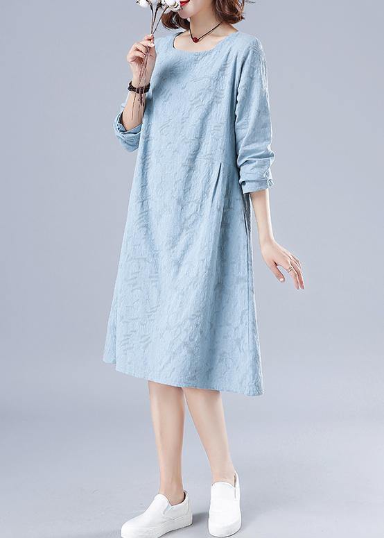 Vivid O Neck Spring Clothes For Women Wardrobes Light Blue Jacquard Dresses - SooLinen