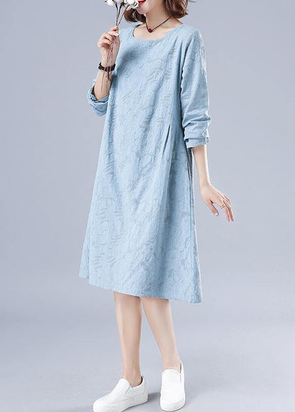 Vivid O Neck Spring Clothes For Women Wardrobes Light Blue Jacquard Dresses - SooLinen