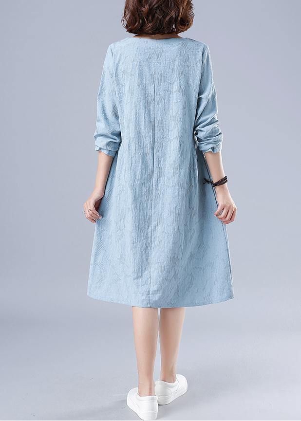 Vivid O Neck Spring Clothes For Women Wardrobes Light Blue Jacquard Dresses - SooLinen