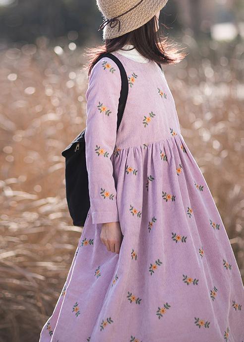 Vivid Pink Embroidery Dress O-Neck long Spring Dresses - SooLinen