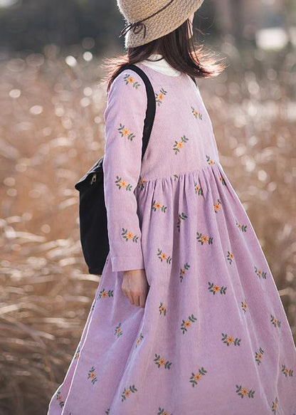Vivid Pink Embroidery Dress O-Neck long Spring Dresses - SooLinen