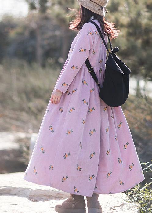 Vivid Pink Embroidery Dress O-Neck long Spring Dresses - SooLinen