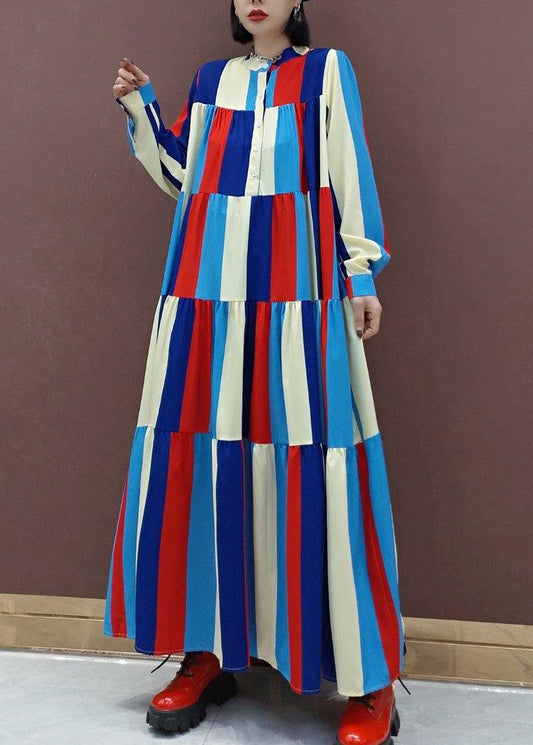 Vivid Stand Collar Patchwork Spring Clothes Women Fashion Ideas Multicolor Striped Kaftan Dresses - SooLinen
