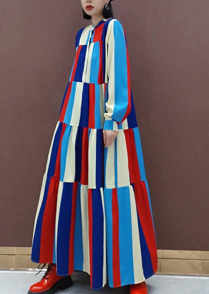Vivid Stand Collar Patchwork Spring Clothes Women Fashion Ideas Multicolor Striped Kaftan Dresses - SooLinen