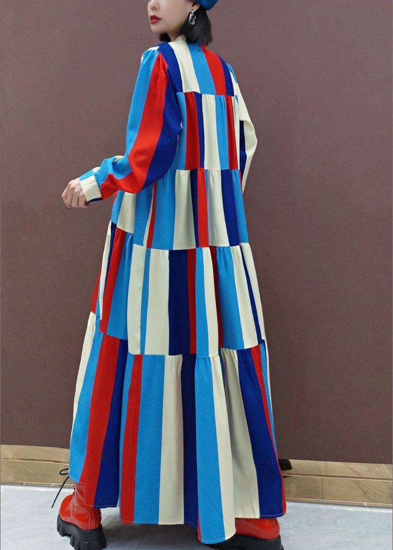 Vivid Stand Collar Patchwork Spring Clothes Women Fashion Ideas Multicolor Striped Kaftan Dresses - SooLinen