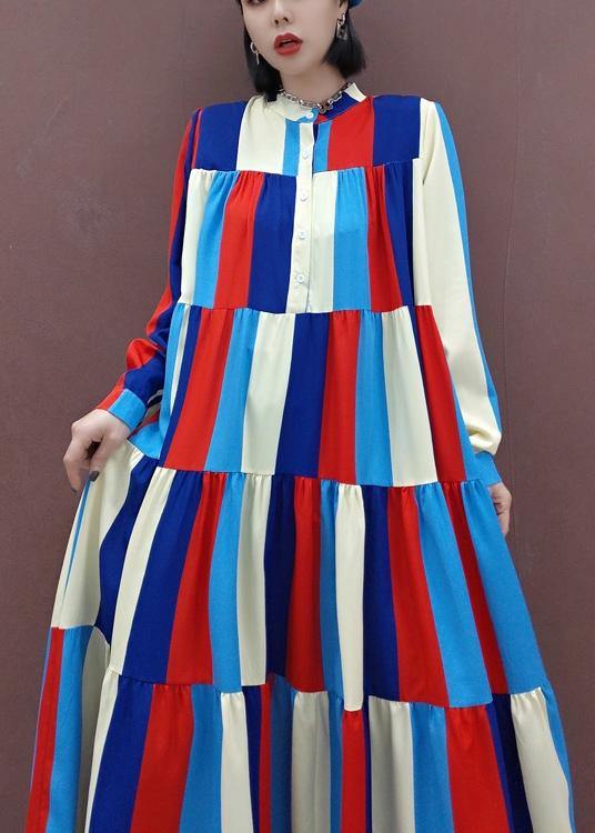 Vivid Stand Collar Patchwork Spring Clothes Women Fashion Ideas Multicolor Striped Kaftan Dresses - SooLinen
