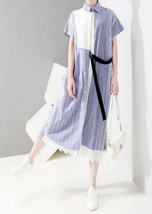Vivid Tunics Fun Asymmetrical Patchwork Striped Short Sleeve Shirt Dress - SooLinen