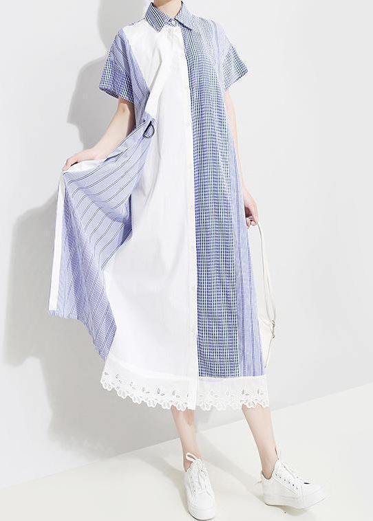Vivid Tunics Fun Asymmetrical Patchwork Striped Short Sleeve Shirt Dress - SooLinen