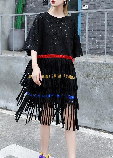 Vivid black Cotton 0layered tassel Dresses summer Dress - SooLinen