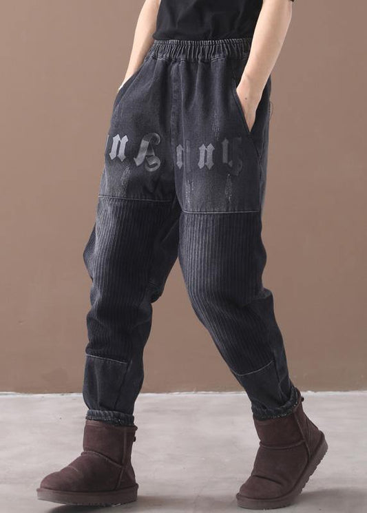 Vivid black Jeans women's elastic waist patchwork design women pants - SooLinen