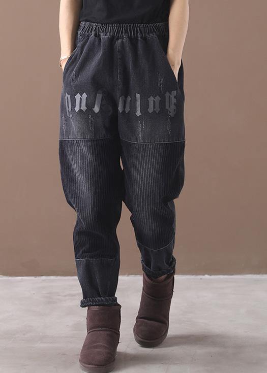 Vivid black Jeans women's elastic waist patchwork design women pants - SooLinen