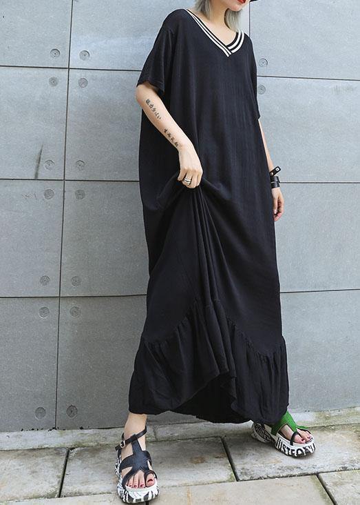 Vivid black cotton Tunics v neck Traveling ruffles summer Dresses - SooLinen