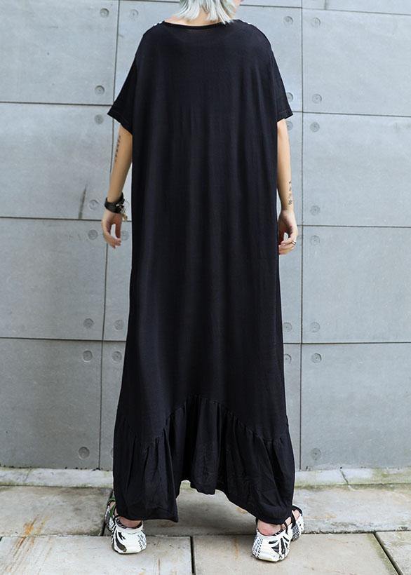 Vivid black cotton Tunics v neck Traveling ruffles summer Dresses - SooLinen