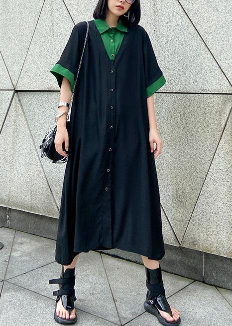 Vivid black cotton clothes Women lapel Button Down Maxi summer Dress - SooLinen