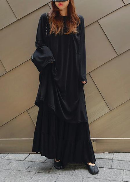 Vivid black cotton quilting dresses o neck Batwing Sleeve Kaftan summer Dress - SooLinen