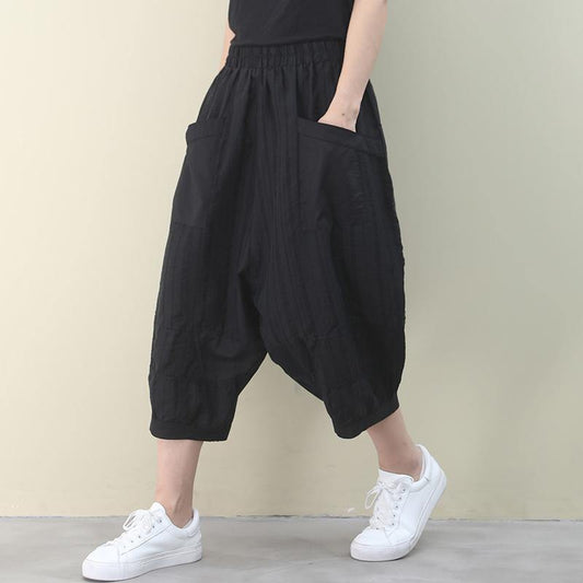 Vivid black pants vintage summer elastic waist Fashion women pants - SooLinen