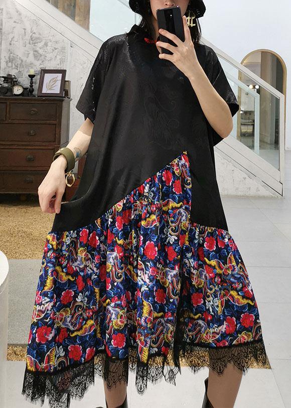Vivid black patchwork prints cotton clothes Chinese Button summer Dress - SooLinen